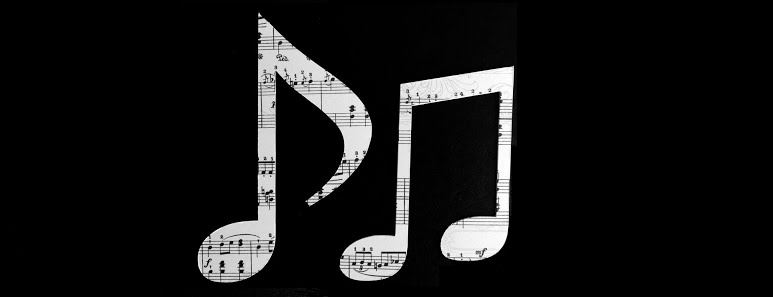 Negative space image of three music notes filled in with smaller music notes. 